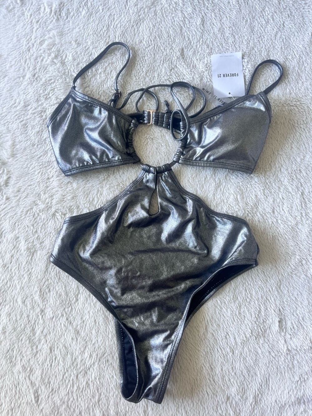 Forever 21 Black and Silver Metallic Trim One-Piece Cut-Out Swimsuit S